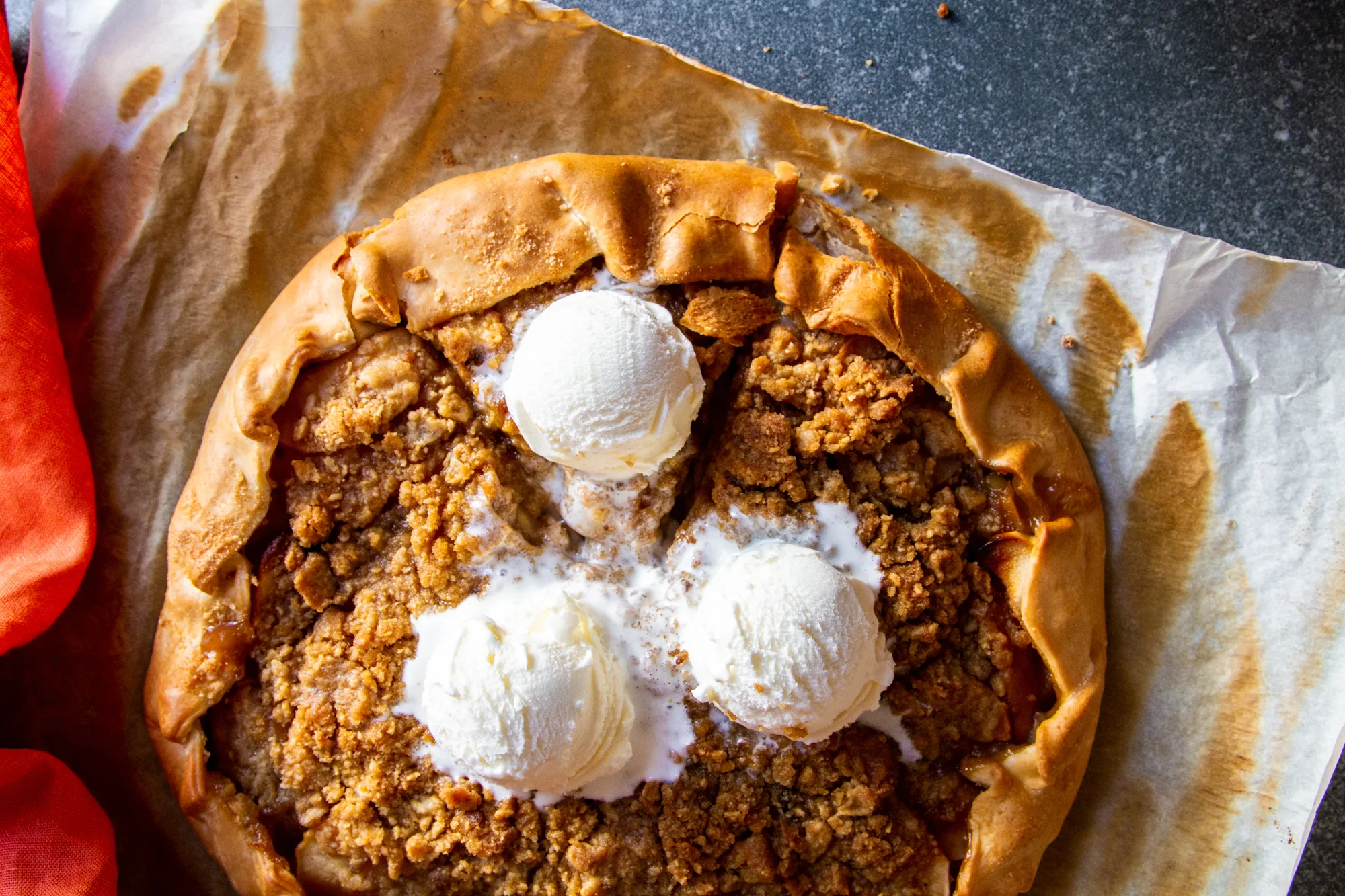 Brown butter and orange blossom apple galette with crumble top